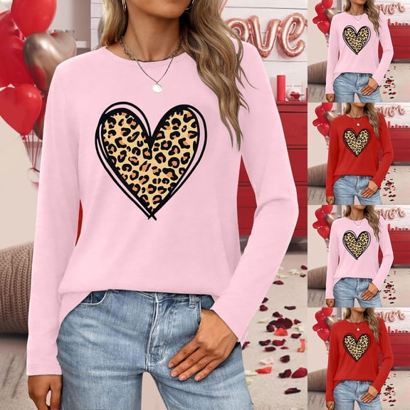Valentines Shirts Women Long Sleeve Leopard Heart Print Tops Crew Neck Spring Couple Date Gifts Love Festive Casual Valentines T-Shirts