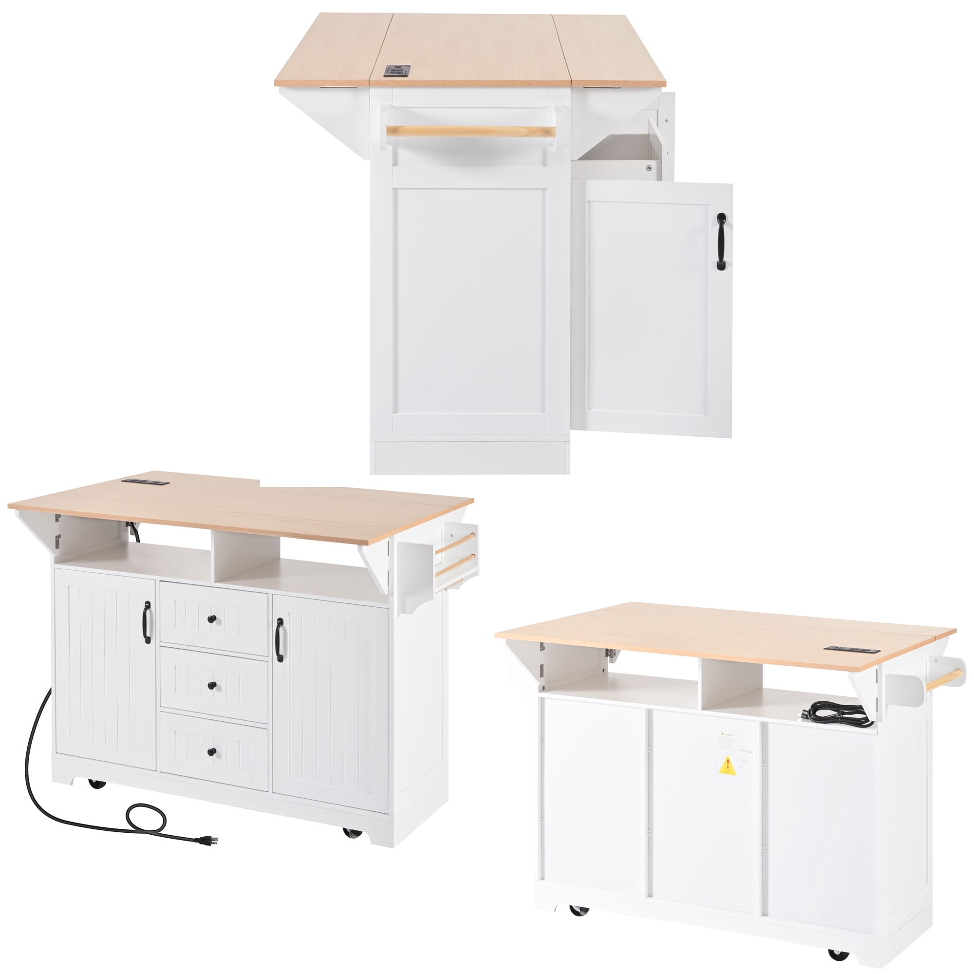 Large Kitchen Island with 2 Drop Leaf for Kitchen and Dining Room, Rolling Kitchen Cart on 5 Wheels with Power Outlet,55.7'' x(17.3”~33.5”)x36.5” White
