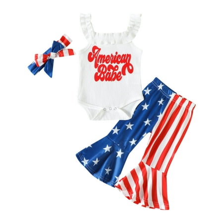 

Crop Top Hoodie Outfits for Women Autumn Baby Girl Clothes Girls Sleeveless Independence Day 4 Of July Letter Printed Ribbed Romper Bodysuits Bell Bottoms Pants Outfits
