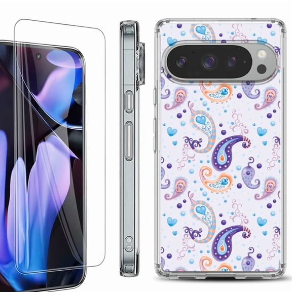 For Google Pixel 9 Pro XL Phone Case Cover, Shockproof Bumper Case with Tempered Glass Screen Protector, by OneToughShield - Paisley Purple