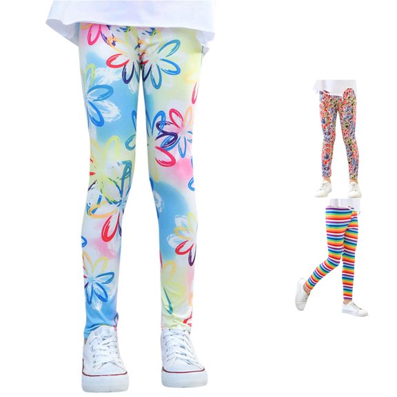 PMVFHDE Girls Ankle Length Leggings Printing Flower Kids Classic Stretch Pants Light Blue,8-9 Years