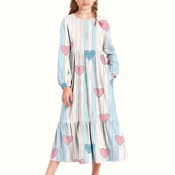 ATOGUTA Girls Uniform Dresses Long Sleeve Crew Neck Casual Valentine Dresses Fall Flowy Dress with Pockets Party Holiday Outfits Size 4T-15, Multicolor
