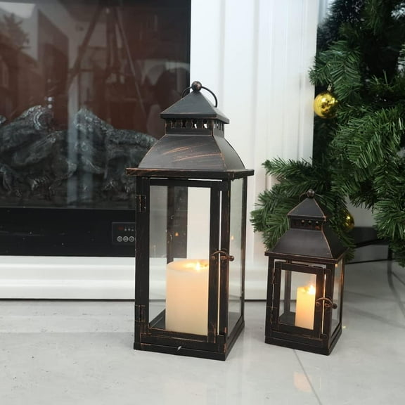 Bronze Metal Lanterns Set of 2, Large Indoor Outdoor Candle Holders with Glass Panels, Stylish Table Centerpiece for Weddings, Patio, Porch, and Home Decor