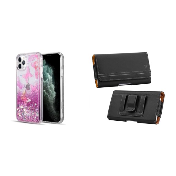 Liquid Glitter Case for iPhone 14 Pro and Belt Holster Pouch - Pink Butterfly