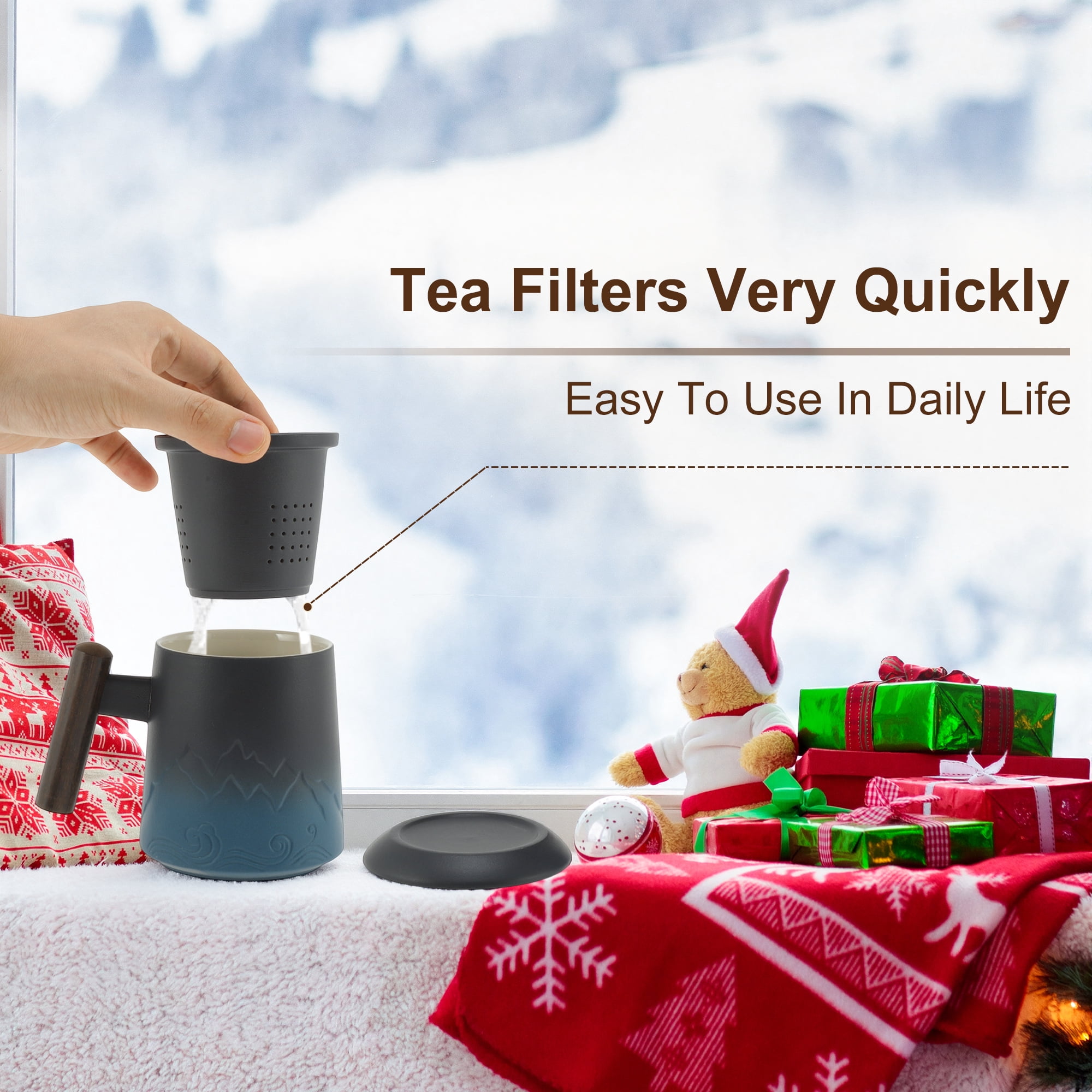 Unique Bargains Tea Cup with Infuser 13.5oz Ceramic Wood Handle Blue and Black