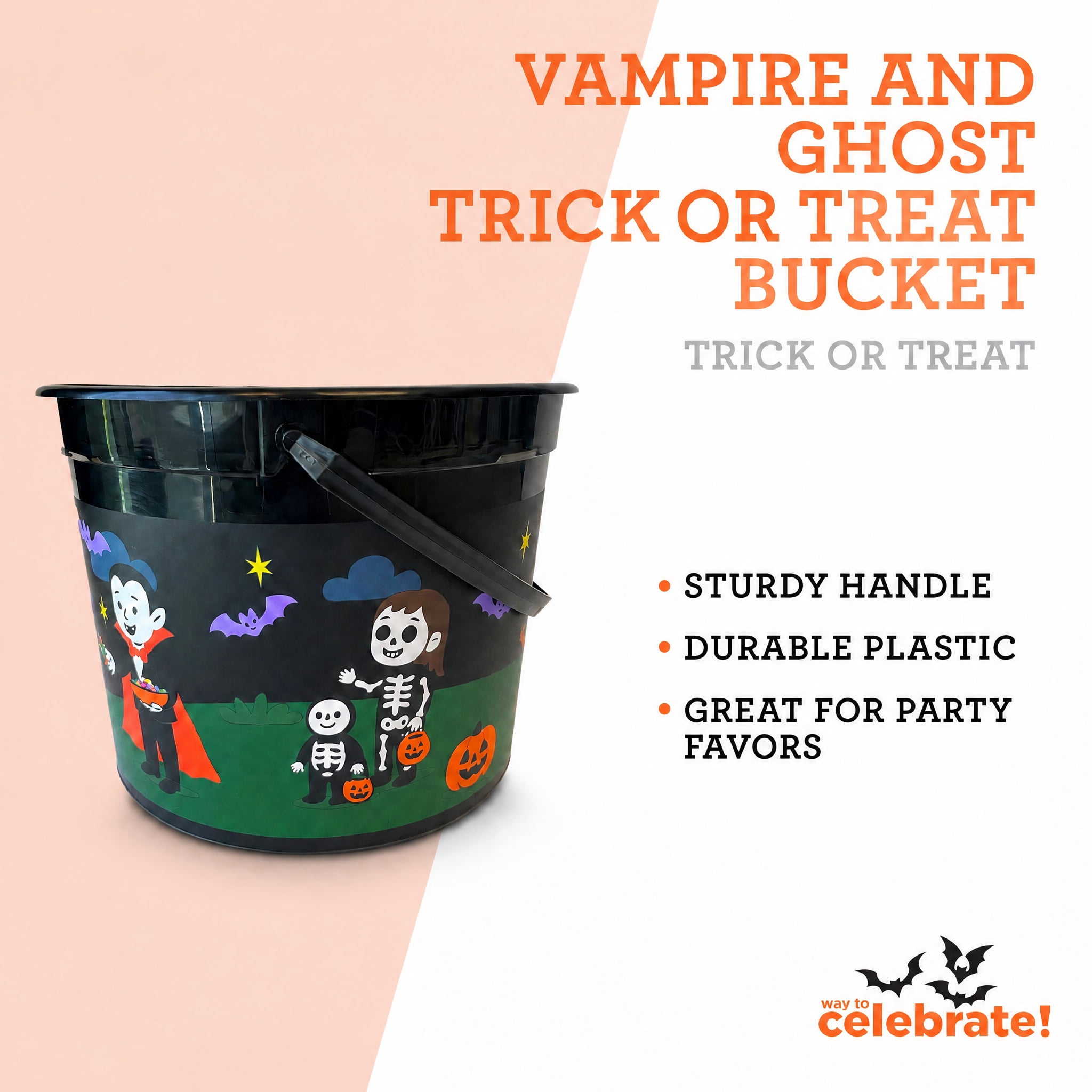 Vampire and Ghost Trick-or-Treat Bucket, Multicolor, 6.5", Halloween by Way To Celebrate
