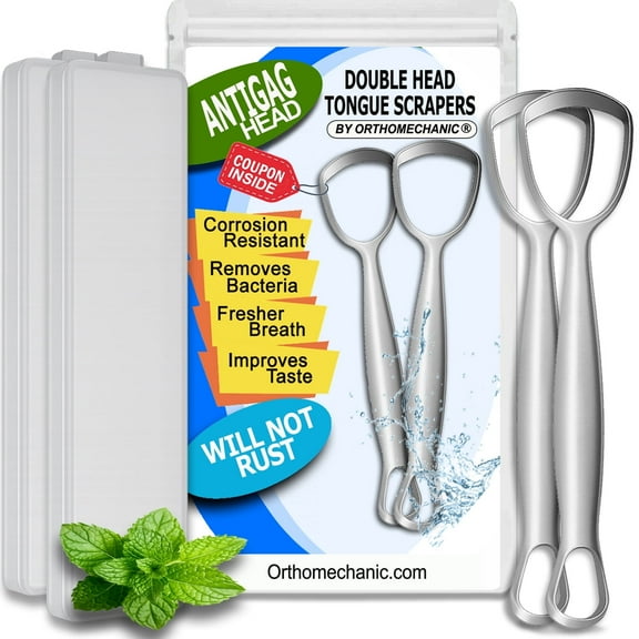 Orthomechanic Tongue Cleaner Scrapers - Double Head - Count of 2 - AntiGag Design for Fresh Breath