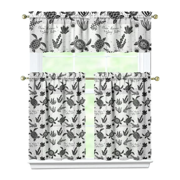 Sea Turtle & Beach Themed Kitchen Curtains Set of 3, Nautical Tier Curtains with Valance, Semi-Sheer Underwater Animal Print for Bathroom