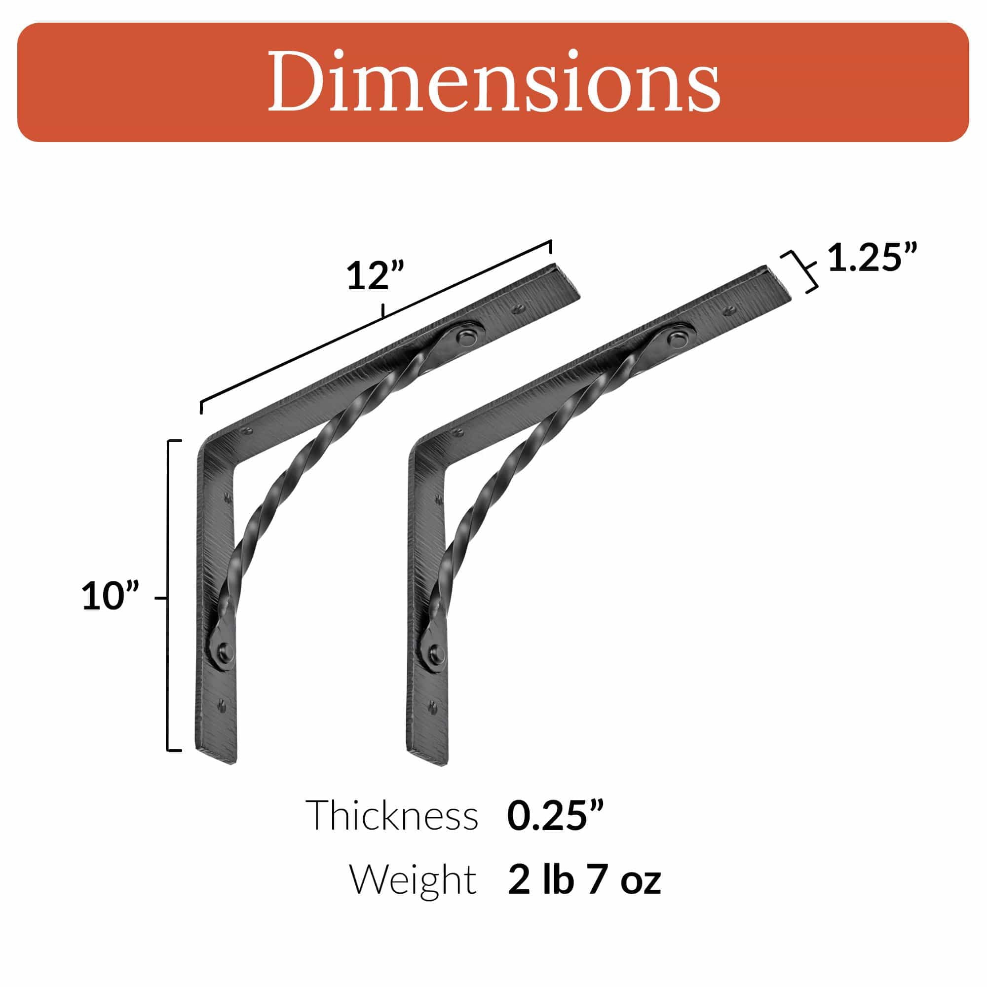 4 Pack Wall Shelf Brackets Heavy Duty Support 12 inch by 10 inch Hand Forged Wrought Iron for Open Shelves in Hallways, Kitchens, Closets & Garages - The Hacienda Series