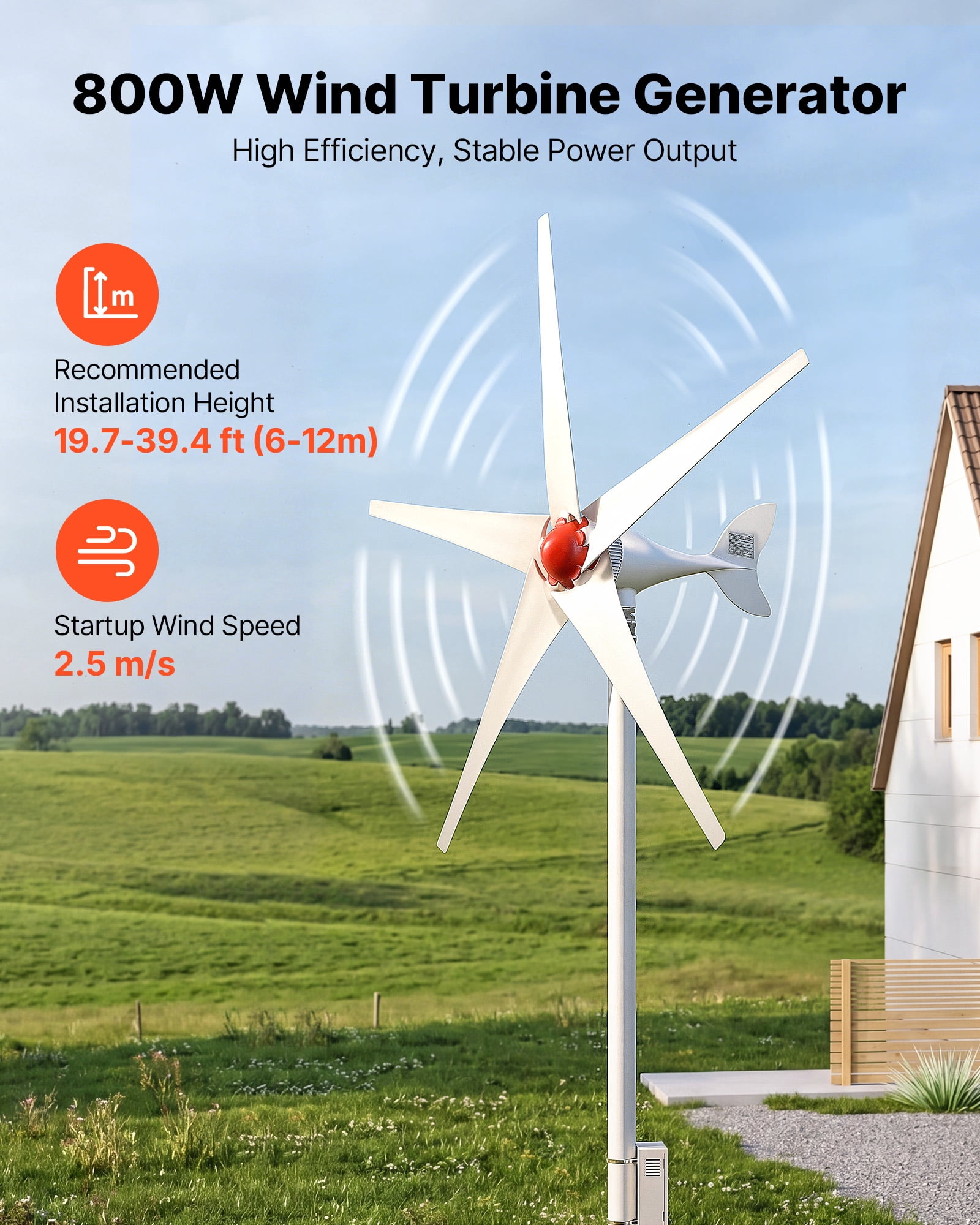 VEVOR 800W 12V Wind Turbine Generator, 5-Blade Wind Turbine Kit with Wind & Solar Hybrid Controller,Efficient 3-Phase AC Permanent Wind Power Generator for RV Boat Home Farm (Tower Pole Not Included)