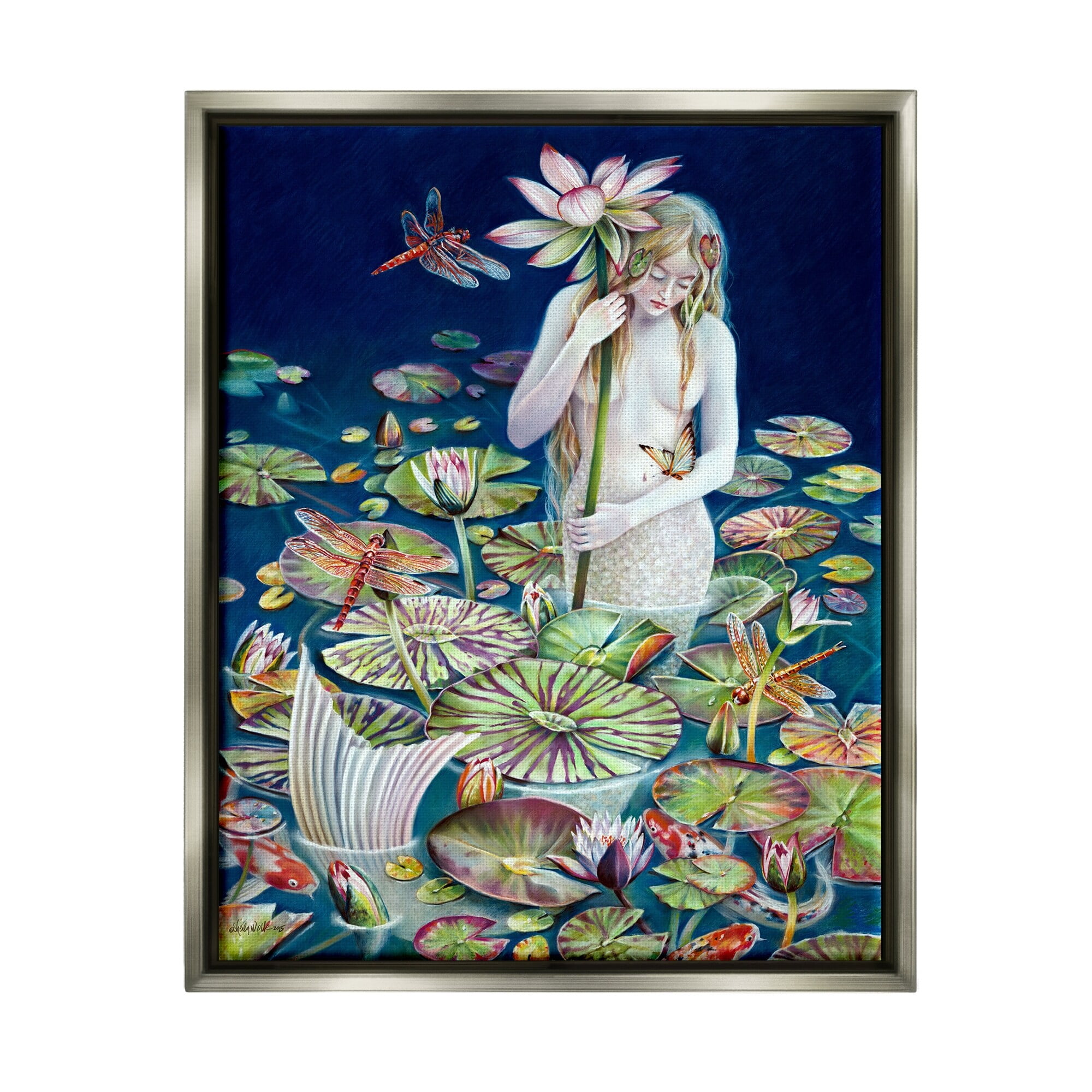 Stupell Industries Mermaid Among Water Lilies Floral Pond Woman Painting Luster Gray Floating Framed Canvas Print Wall Art, Design by Sheila Wolk