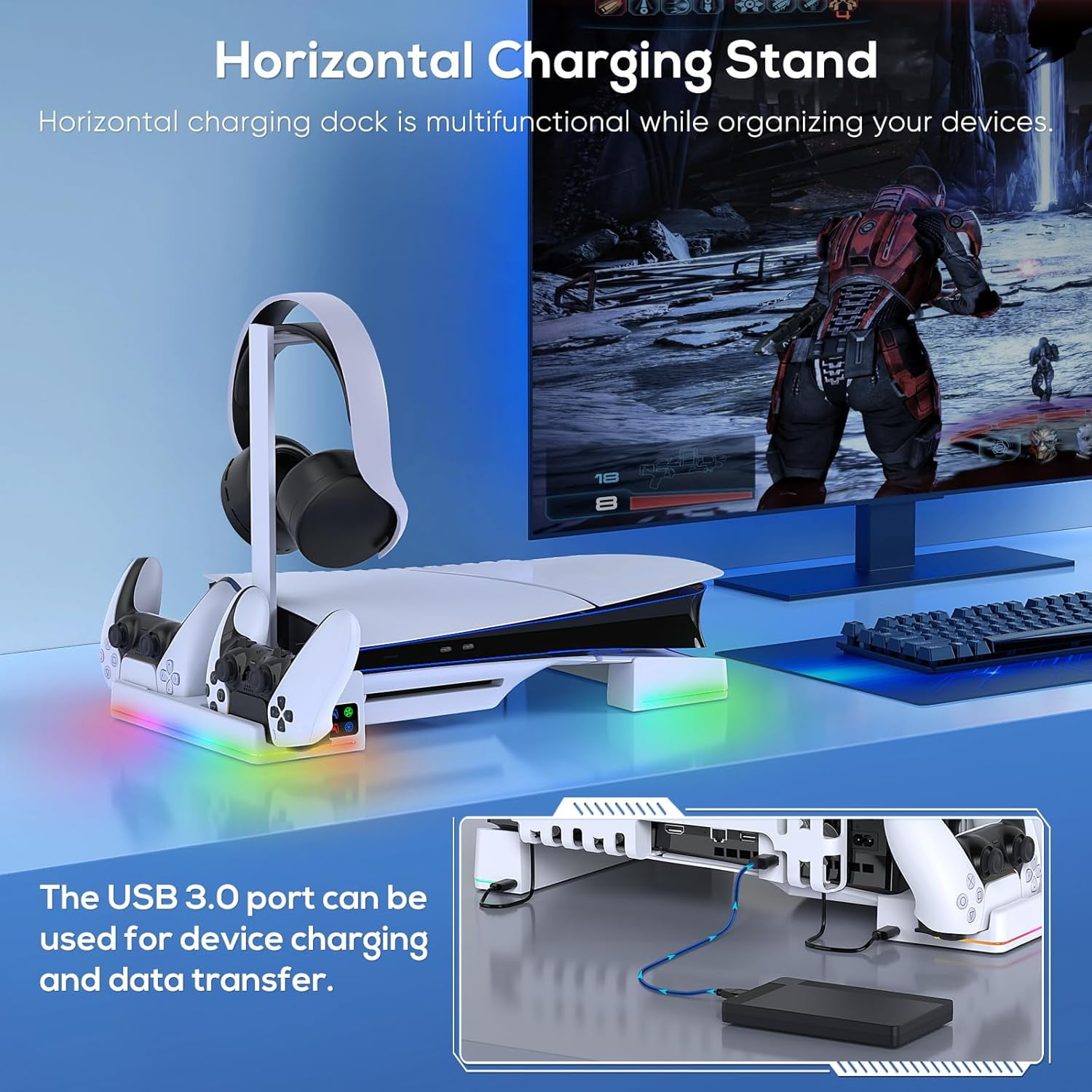 RGB Horizontal Cooling Station Stand for PS5 Slim Console with 2 Controller Charger, Auto Silent Cooling Fan for Playstation 5 Slim Disc / Digital Edition with 14 Light Modes and Headset Holder