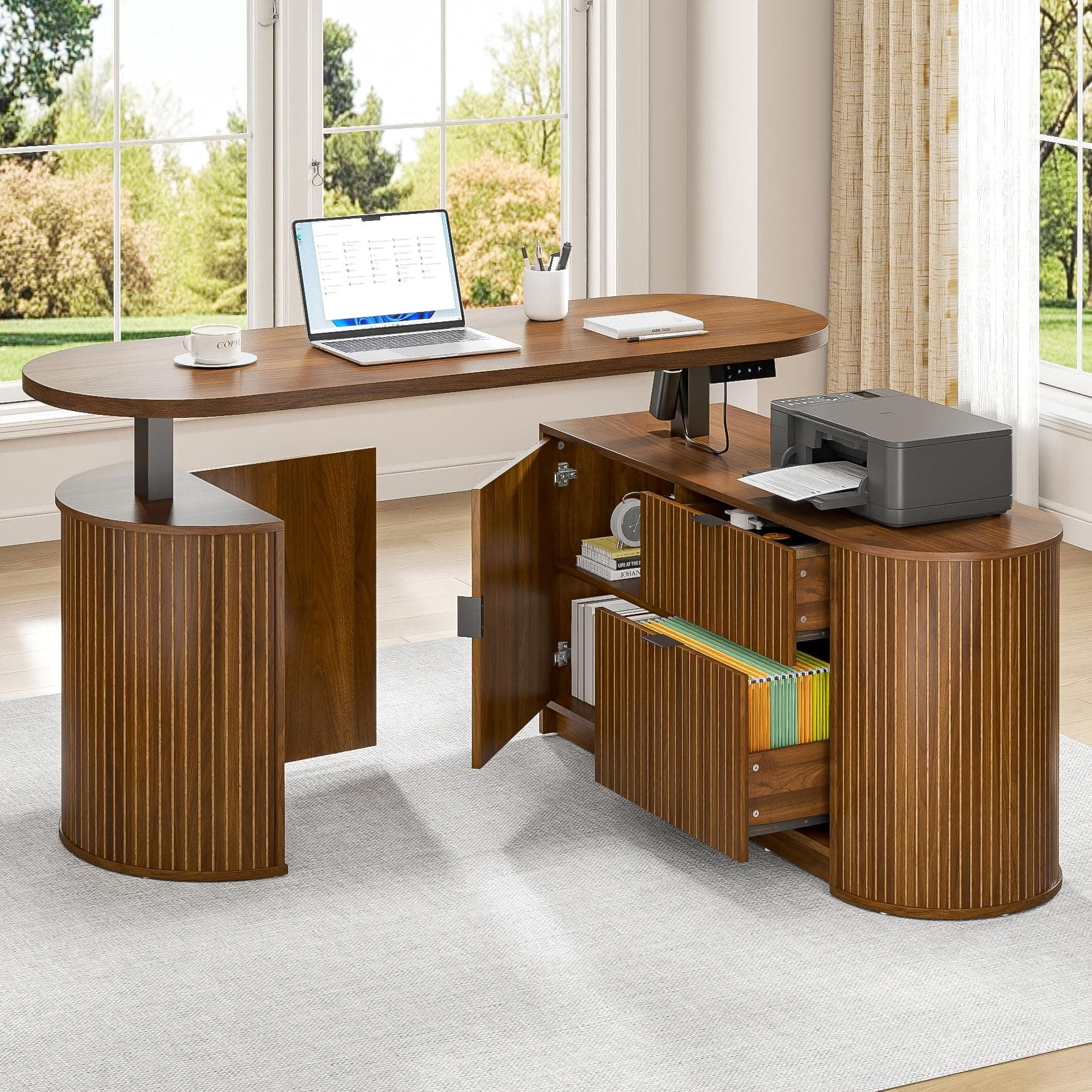 Electric L Shaped Standing Desk, 59" Mid Century Adjustable Height Desk with Drawer & 2 Cabinets