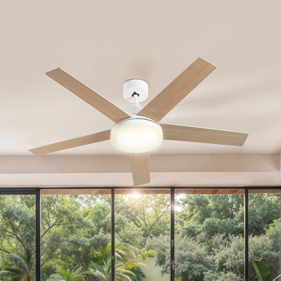 ModFusion 52-Inch Ceiling Fan with Lights & Remote, Reversible Blades, Quiet Motor, White/Wood Grain