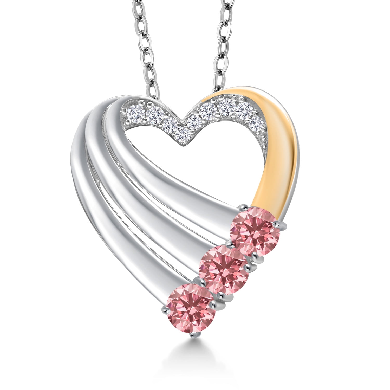 Gem Stone King 925 Silver and 10K Yellow Gold Pink Lab Grown Diamond and White Lab Grown Diamond Heart Pendant for Women | 0.85 Cttw | Gemstone April Birthstone | With 18 inch Chain