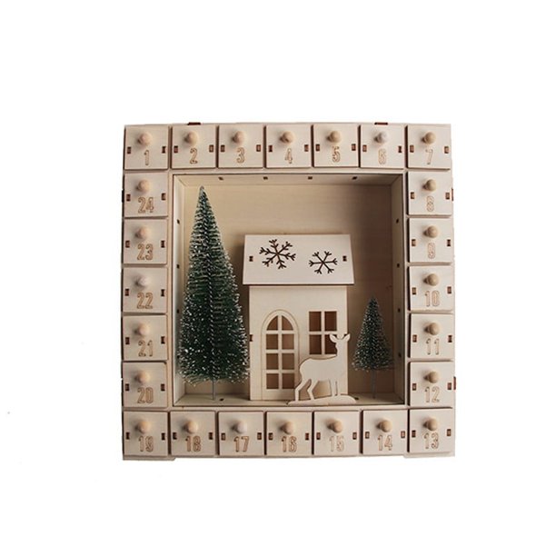 Cajón de madera tallada Día de Navidad Calendario de Adviento Luces LED