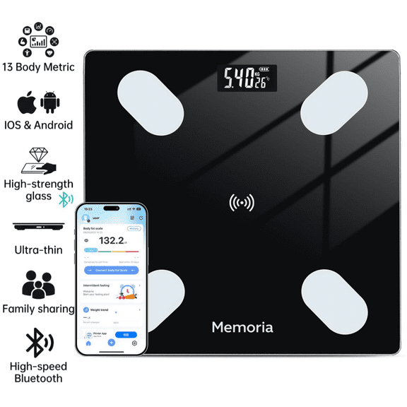 Memoria Smart Scale for Body Weight, Digital Bluetooth Bathroom Scale with App, Tracks 13 Body Metrics, 400 lbs Capacity, 0.1 lb Accuracy for Home Fitness