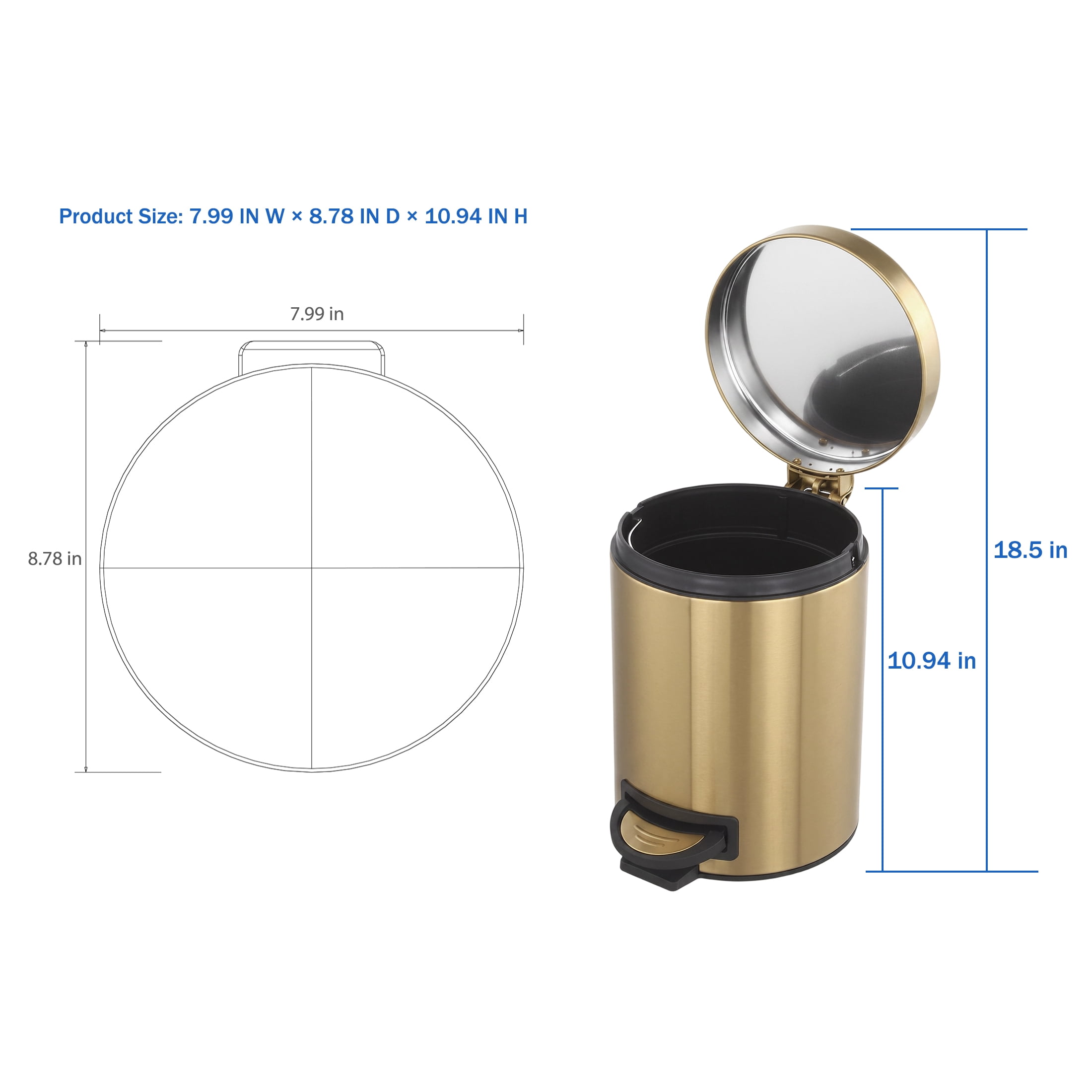 Koomade 2 Pack Bathroom Kitchen Trash Can, 1.3 Gallon Stainless Steel Step Round Garbage Bin, Gold