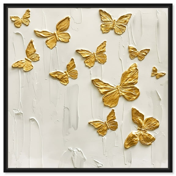 Mariposas A Volar Canvas Elegant White Gold Wall Art by Art Remedy, Black Frame, 12" x 12"