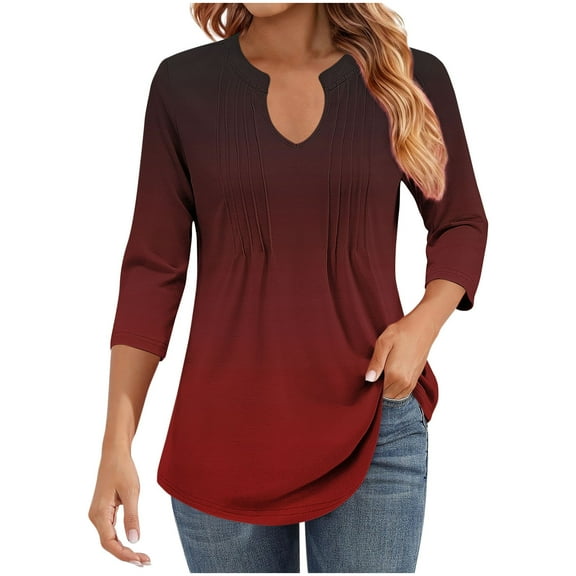 Women's Casual Tops Print 3/4 Sleeve V-Neck Striped Pleated Casual Pullover Tunic Tops Blouse Loose T-Shirt (M, Blue A)