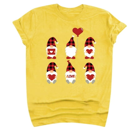 

QJYINGYI Short Sleeve Round-Neck Blouses & Shirts White Corset Top WOMA2506 Women s Cute Dwarf Love Print Short Sleeve T-shirt Yellow M