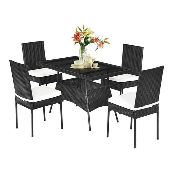 Pemberly Row 5-Pc Rattan and Steel Patio Dining Set with Glass Tabletop in Black