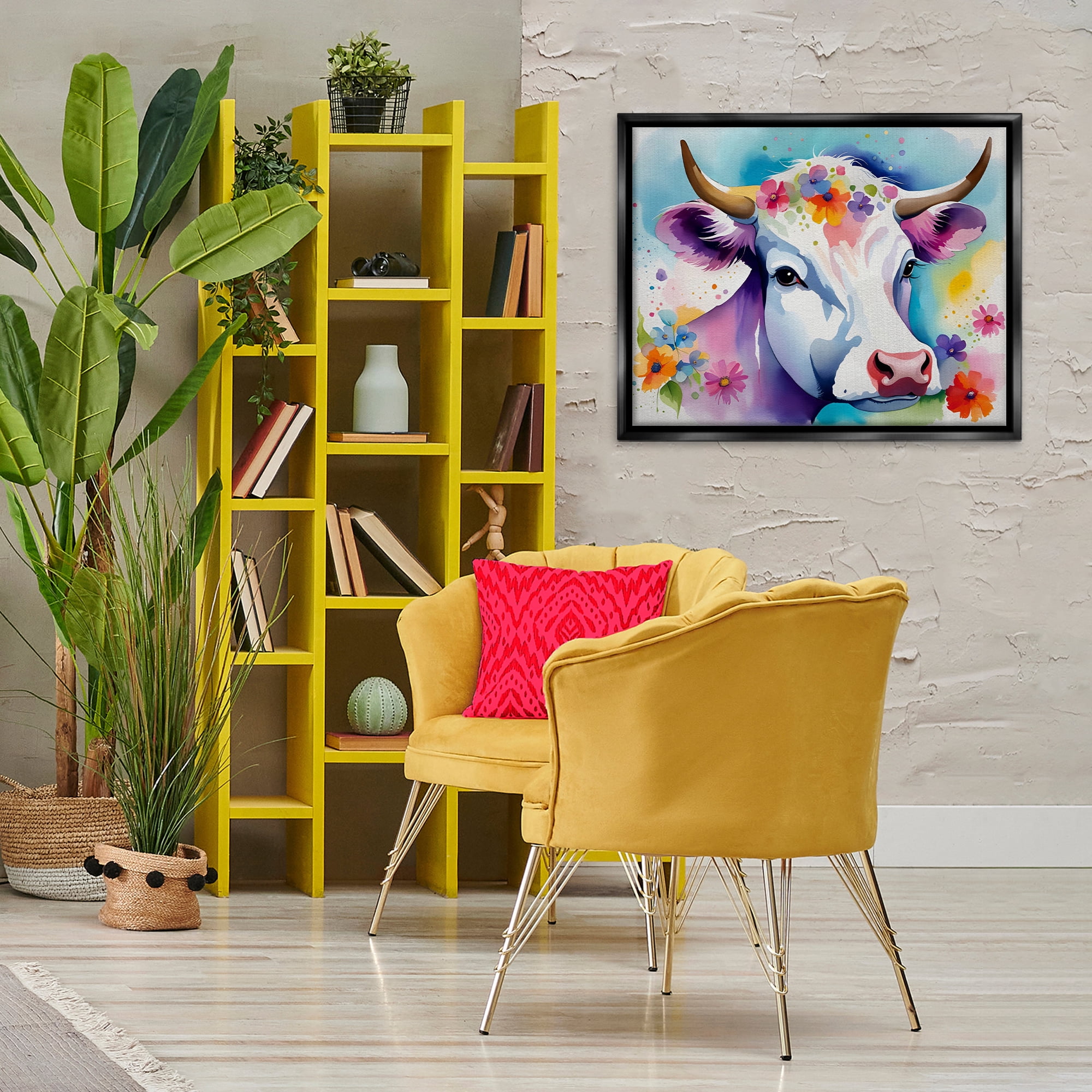 Stupell Industries Flower Speckled Cow Animals & Insects Painting Black Floater Framed Canvas Art Print Wall Art, 31 x 25