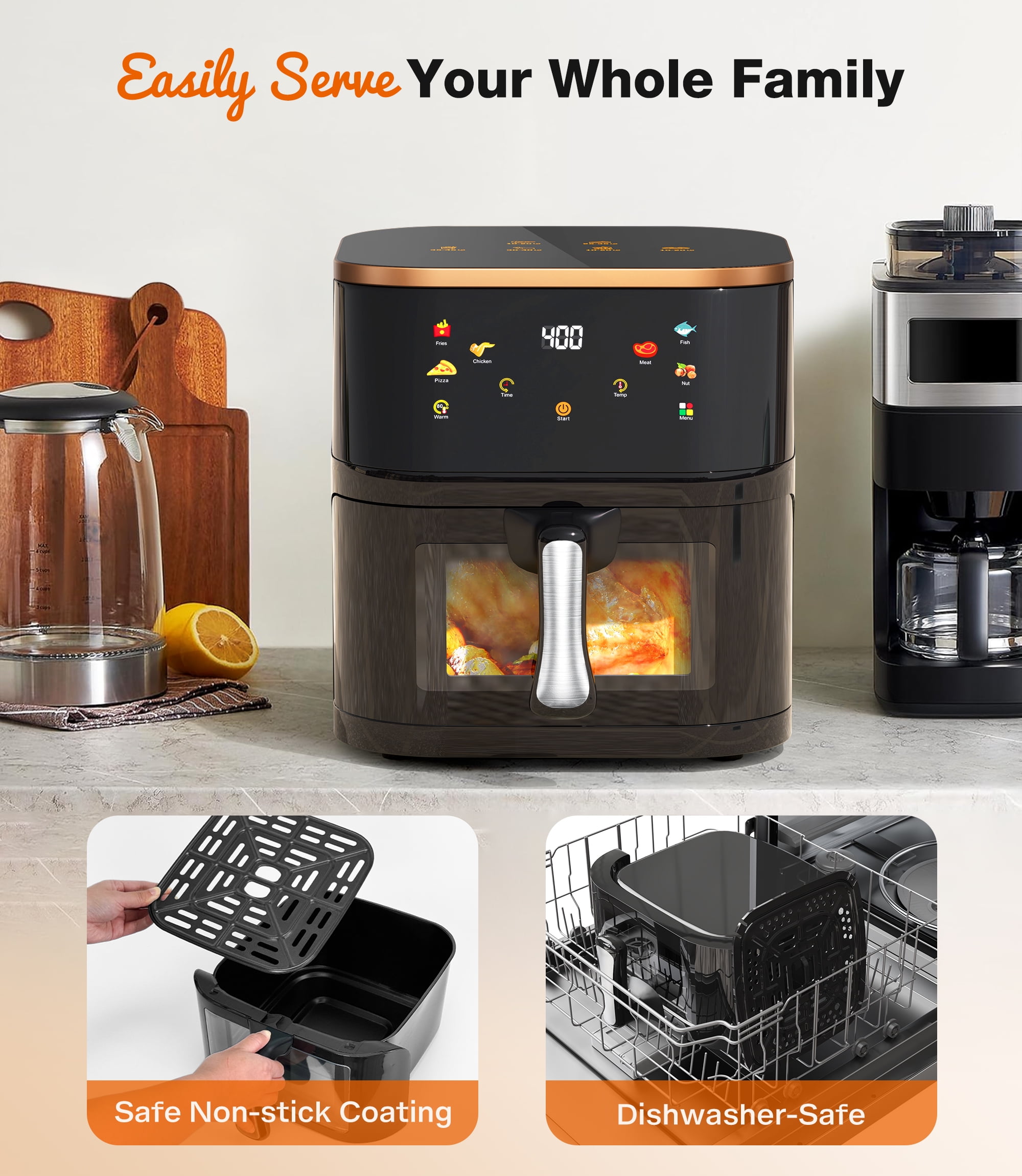 Suodoka Air Fryer 8 Qt Max 450F for Cooking, 6 Presets Fry Touch Panel Easy View Window, New Black