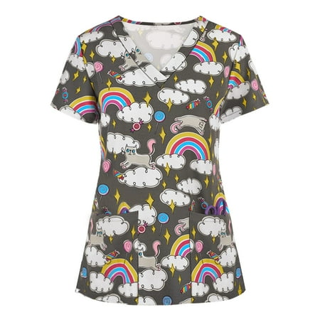 

Working Uniform T Shirt for Women Christmas Print V Neck Stretchy Scrub Tops Short Sleeve Pockets Holiday Shirts