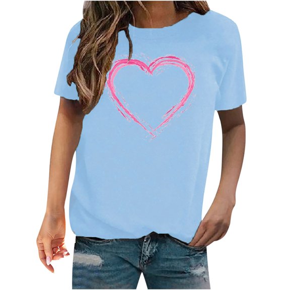 Fesfesfes Work Tops Women's Valentine's Day Love Printed Short Sleeved T-shirt Top Tees for Women L(US:8)