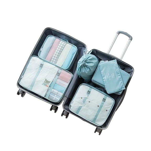 VICHVVY 7-Piece Travel Packing Cube Set with Hanging Toiletry & Makeup Bags – Portable Luggage Organizer for Women or Men blue