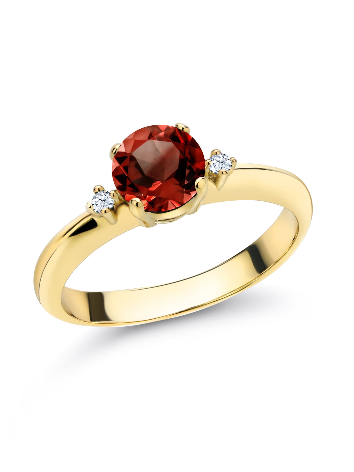 Gem Stone King 1.20 Ct Round White Topaz Red Ruby 925 Yellow Gold Plated Silver 3-Stone Ring