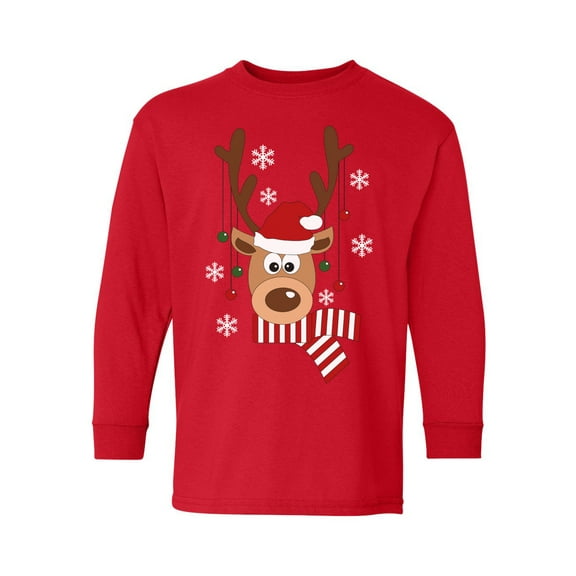 Awkward Styles Ugly Xmas Long Sleeve Shirt for Kids Youth Boys Girls Deer in Red Xmas Hat Shirt