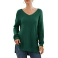 thumbnail image 4 of JWD Women's V-Neck Long Sleeve Side Split Loose Casual Knit Pullover Sweater Blouse Dark Green-Large, 4 of 5