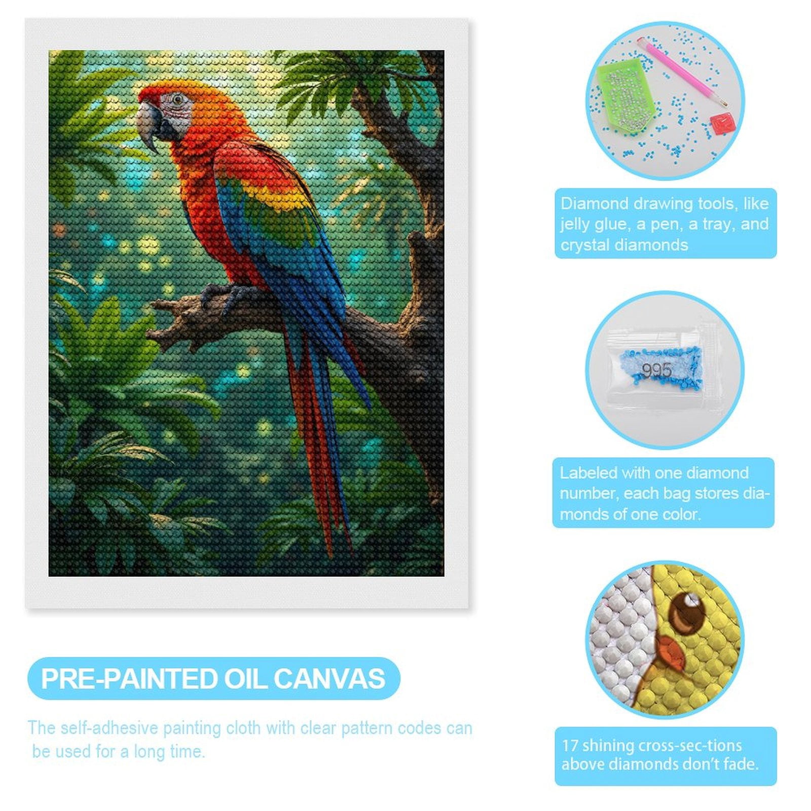 Diamond Art Kits for Adults - Colorful Bird Perched In Lush Jungle 5d Diamond Painting for Adults, Diamond Art for Adults Beginners, Frameless Diamond Painting Kits for Adults for Home Wall Decor