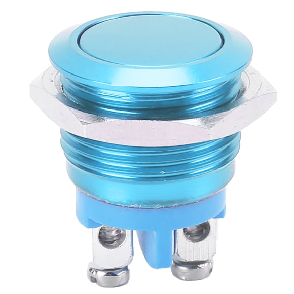 Interruptor de botón metálico de acero inoxidable de 16 mm, cabeza redonda plana, impermeable, con reinicio automático, 220 V (azul)