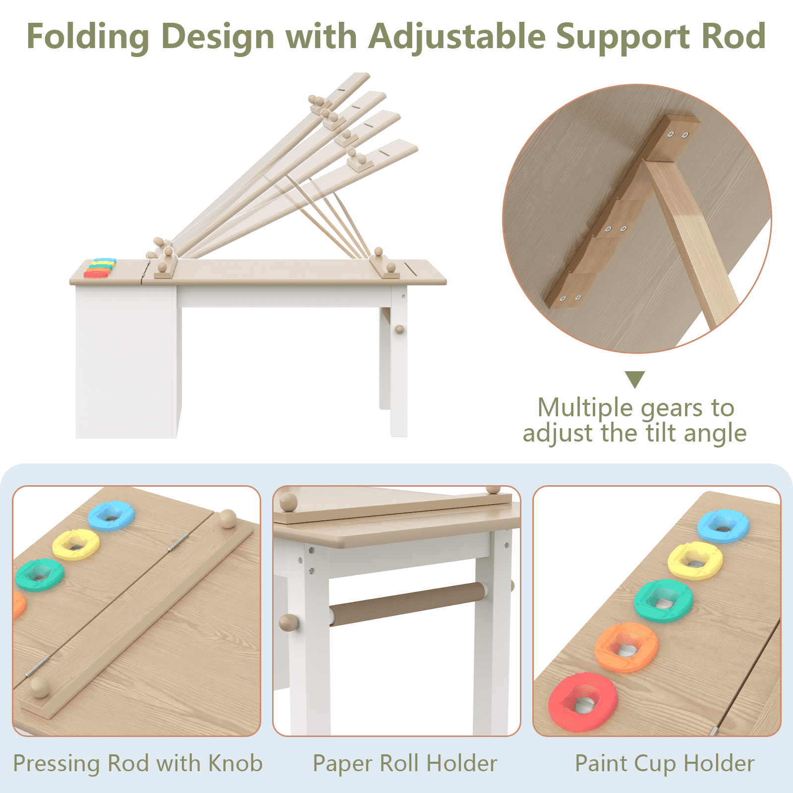 3 in 1 Kids Art Table and Chair Set, Art Desk with Storage Shelves and Drawers, Art Easel with Paint Cups, Paper Roll, Toddler Table and Chair Set w/ Bench & 2 Chairs for Draw, Write, Play, Crafts