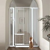 Pet Gate with Cat Door,Caveen 55.1 inch Extra Tall Dog Gate,29.5''-40.6''Wide Gate Pressure Mounted Full Door Pet Gate for Doorway Stairs,White