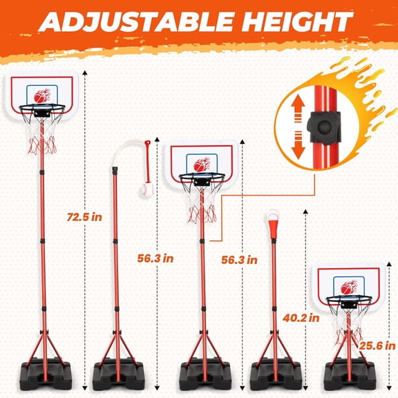 5-in-1 Adjustable Height Basketball Hoop & T-Ball Set for Kids | Indoor/Outdoor Toy with Auto Launcher