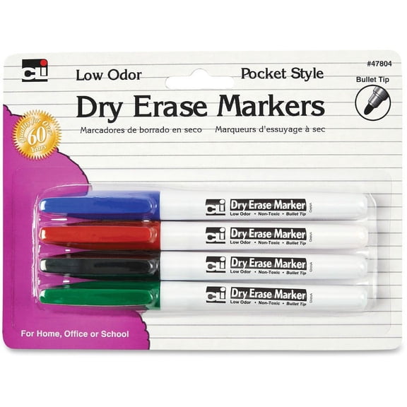 CLI Low Odor Dry Erase Markers - Fine Marker Point - Bullet Marker Point Style - Black, Blue, Red, Green - 4 / Pack | Bundle of 2 Packs