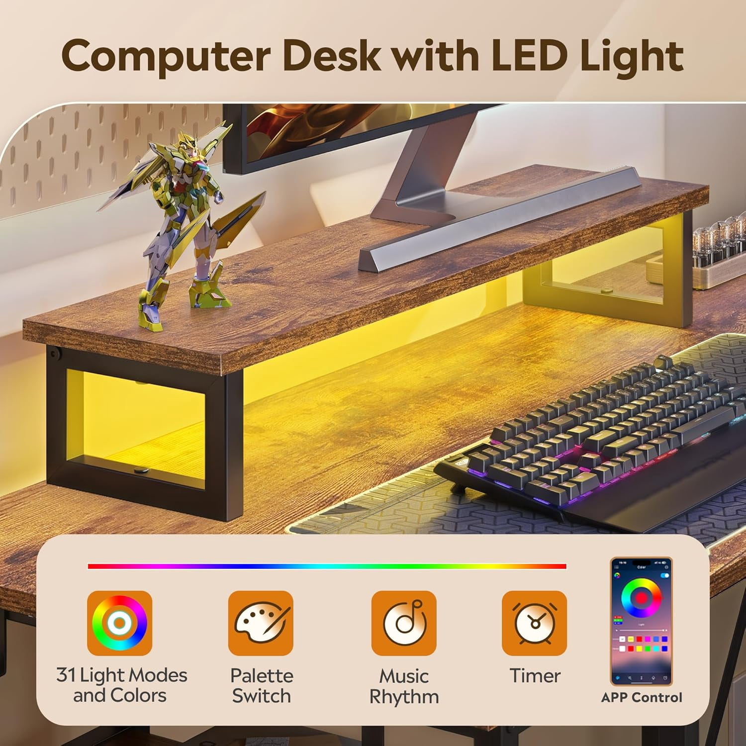 HZAT 60 Inch L Shaped Gaming Desk with LED Lights & Power Outlets, Corner Desk for Small Spaces, Sturdy PC Computer Table with Storage for Home Office, Rustic Brown