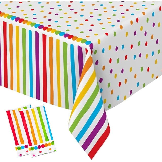 SINGOMON 2 Packs Rainbow Tablecloth Disposable Tablecloth Colorful Dot Table Cloth Plastic Table Covers 54''x108'' Rectangular Table Cover for Rainbow Party, Birthday, Baby Shower