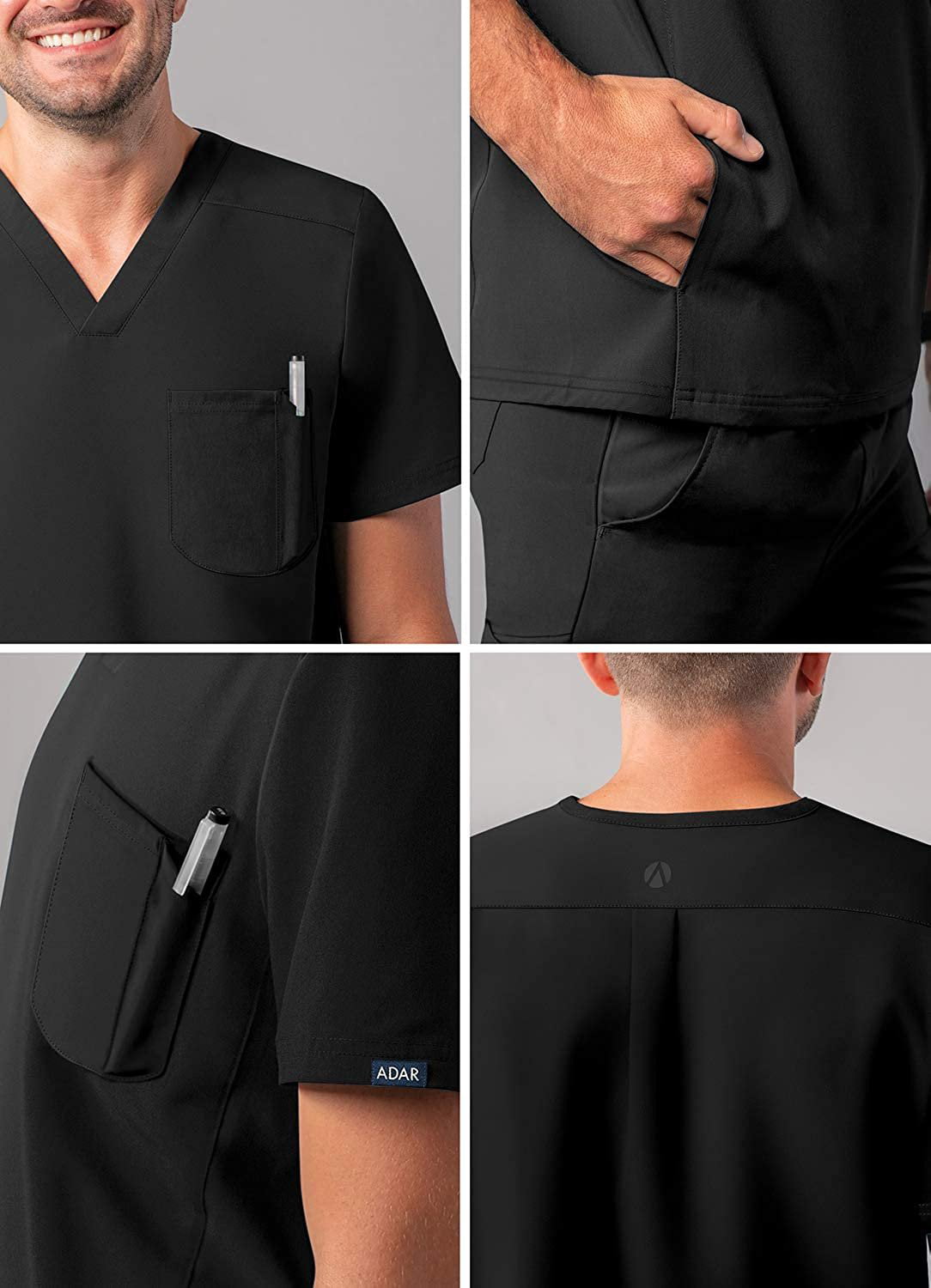 Adar Addition Scrubs for Men Modern Multi Pocket V-Neck Scrub Top 