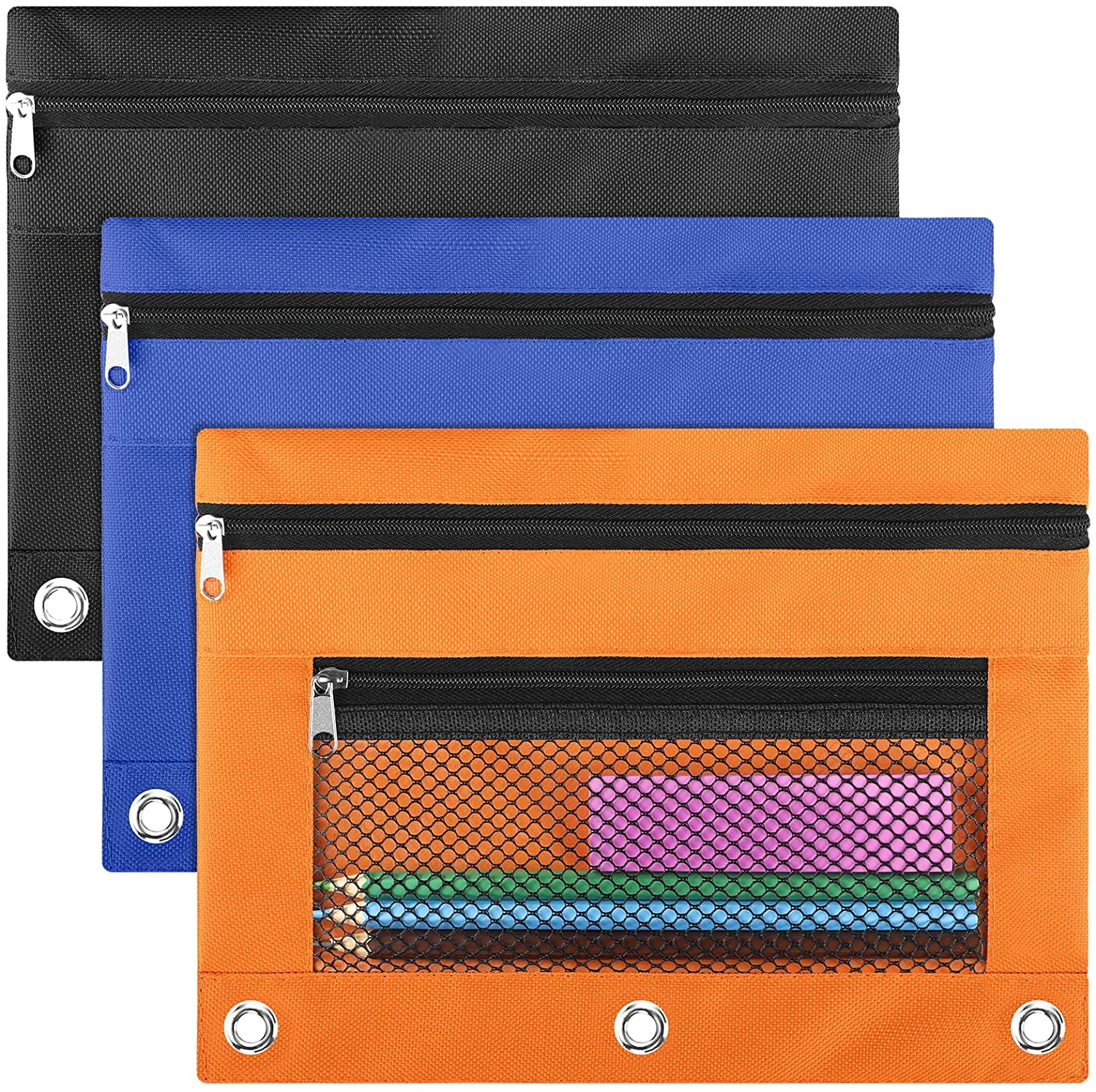 3 Pcs Pencil Pouch 3 Ring Binder, 3 Color Zipper Pencil Pouch Pencil