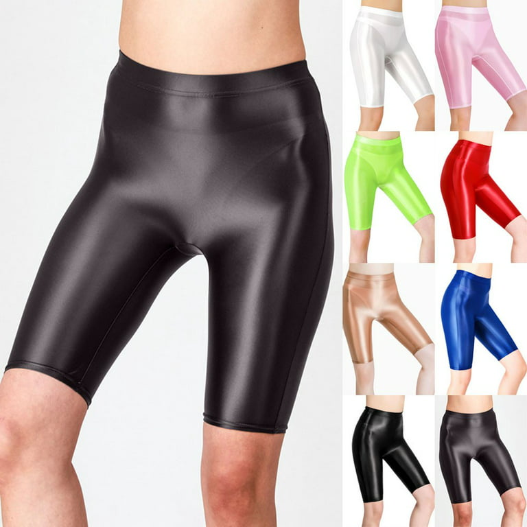 Women Knee-Length Oil Shiny High Waist Tight Shorts Open Front Brethable  Pants