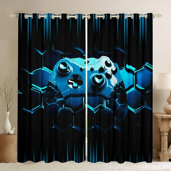 Gaming Curtains Blue Gamer 30%-50% Blackout Curtains Honeycomb Gaming 3D Bedroom Curtains Blue Geometric Window Curtains Teen Cool Video Game Room Decor Curtains,84"Wx63"L