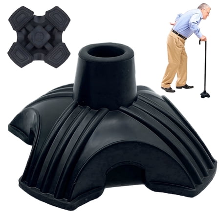 4 Prong Quad Cane Tip Replacement, Self Standing Rubber Cane Base with Non Slip Foot for Walking Sticks, Black