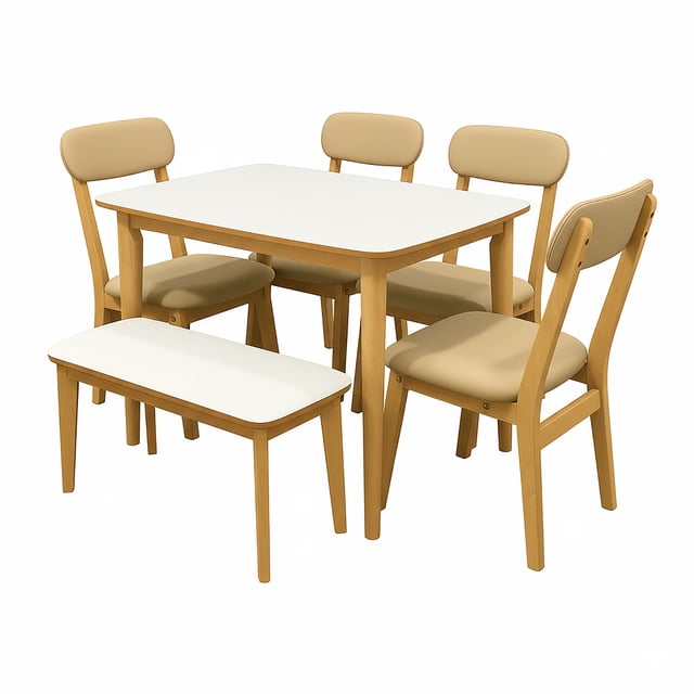 Intexca Modern 6-Piece Dining Set with Bench, White High Gloss Table, Natural Rubberwood Frame, Cushioned PU Chairs, Space-Saving Kitchen & Dining Room Furniture