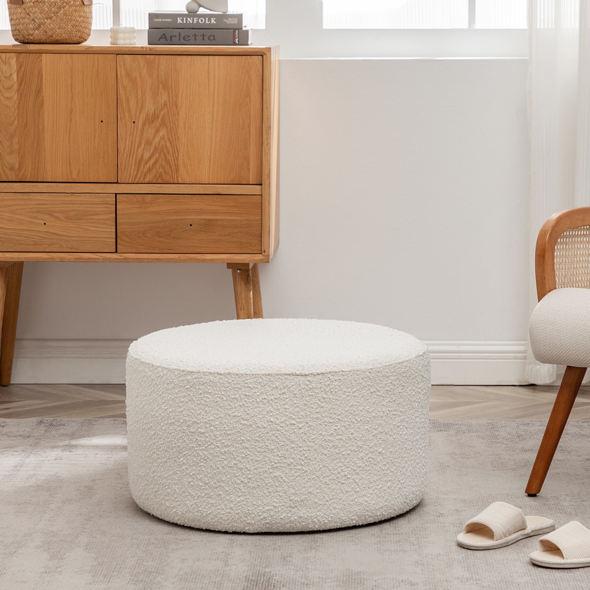 Modern Round Boucle Upholstered Ottoman with Soft Padded Seat, Multi-Functional Sofa Footrest, Side Table, Extra Seating (Cream, 24" D x 24" W x 13" H)