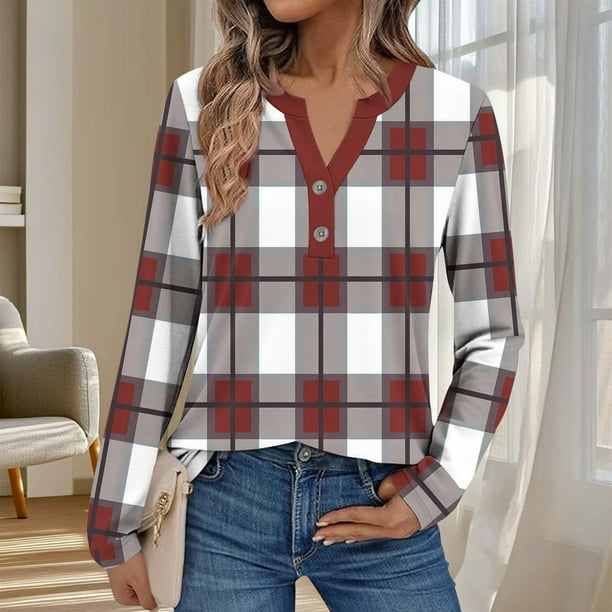 Ailaofu Womens Long Sleeve Tops Fall Button V Neck Graphic Shirts Dressy Casual Henley Tops Women Blouses